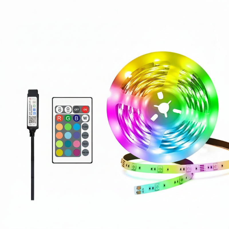 RGB LED strip light with USB 3535 5V power supply and remote control on a white background.