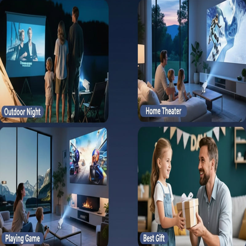 Collage of a family using a projector in various settings including outdoor night, home theater, playing games, and as a best gift.