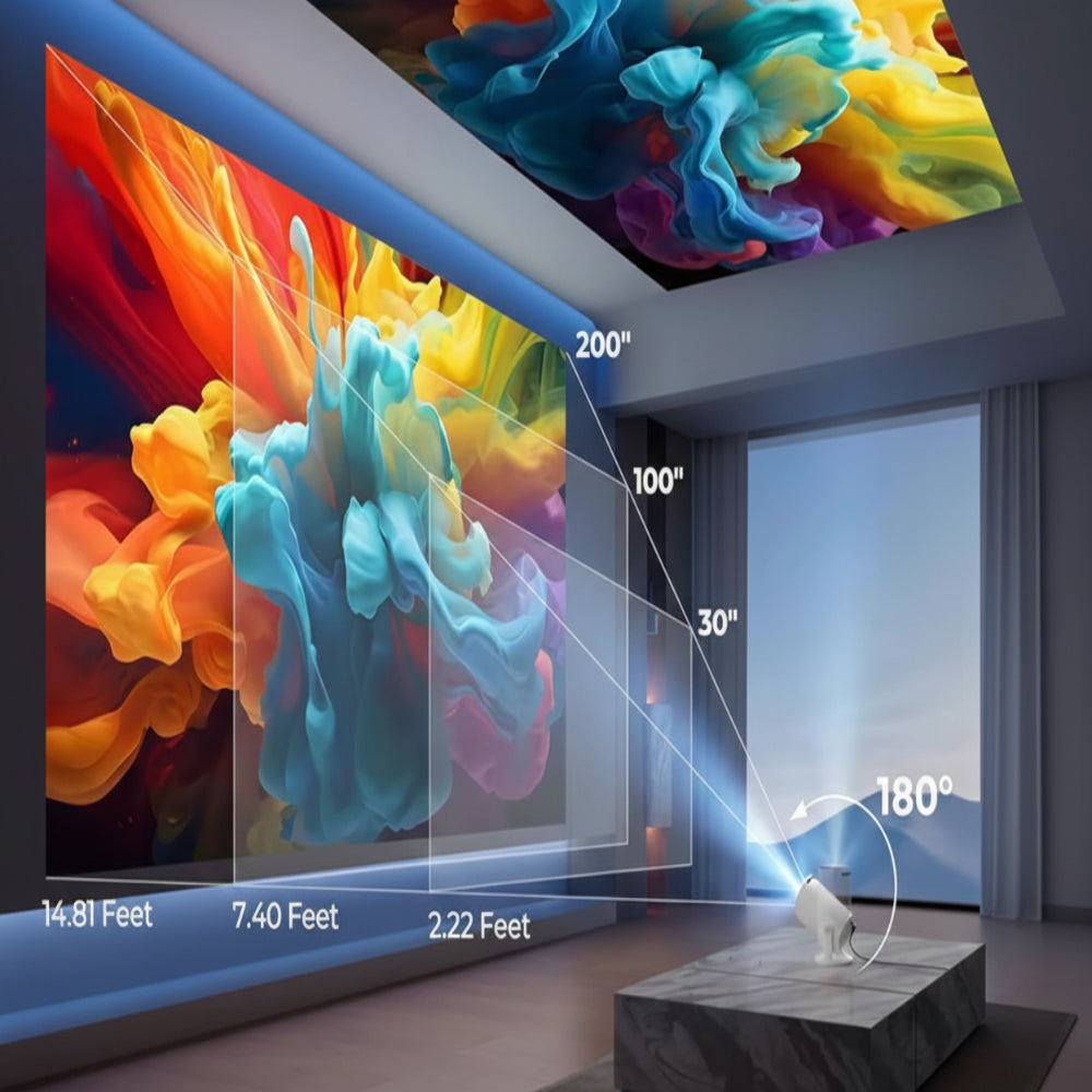180-degree rotatable short throw projector displaying colorful abstract art on a large screen.
