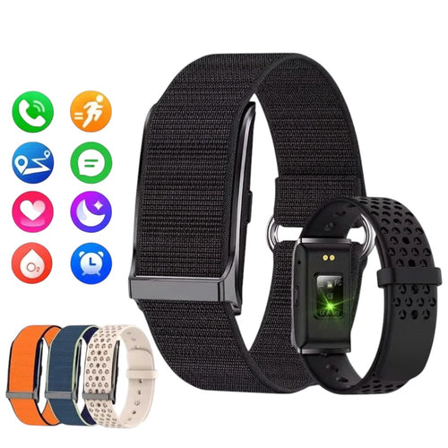 Nova Haus Active Smartwatch with black fabric strap and black silicone strap, includes icons for calls, running, GPS, messages, heart rate, sleep, SpO2, and alarm.