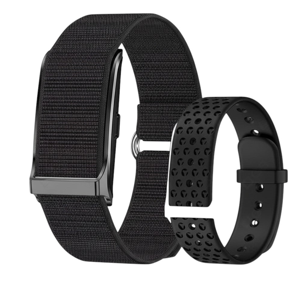 Nova Haus Active Smartwatch with black nylon and silicone straps. Features health tracking, GPS, and 1ATM waterproof.
