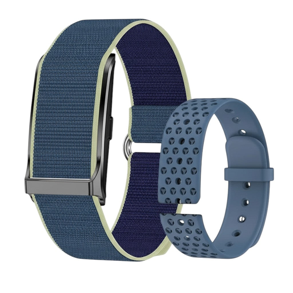Nova Haus Active Smartwatch with blue nylon and blue silicone straps. Features health tracking, GPS, and 1ATM waterproof.