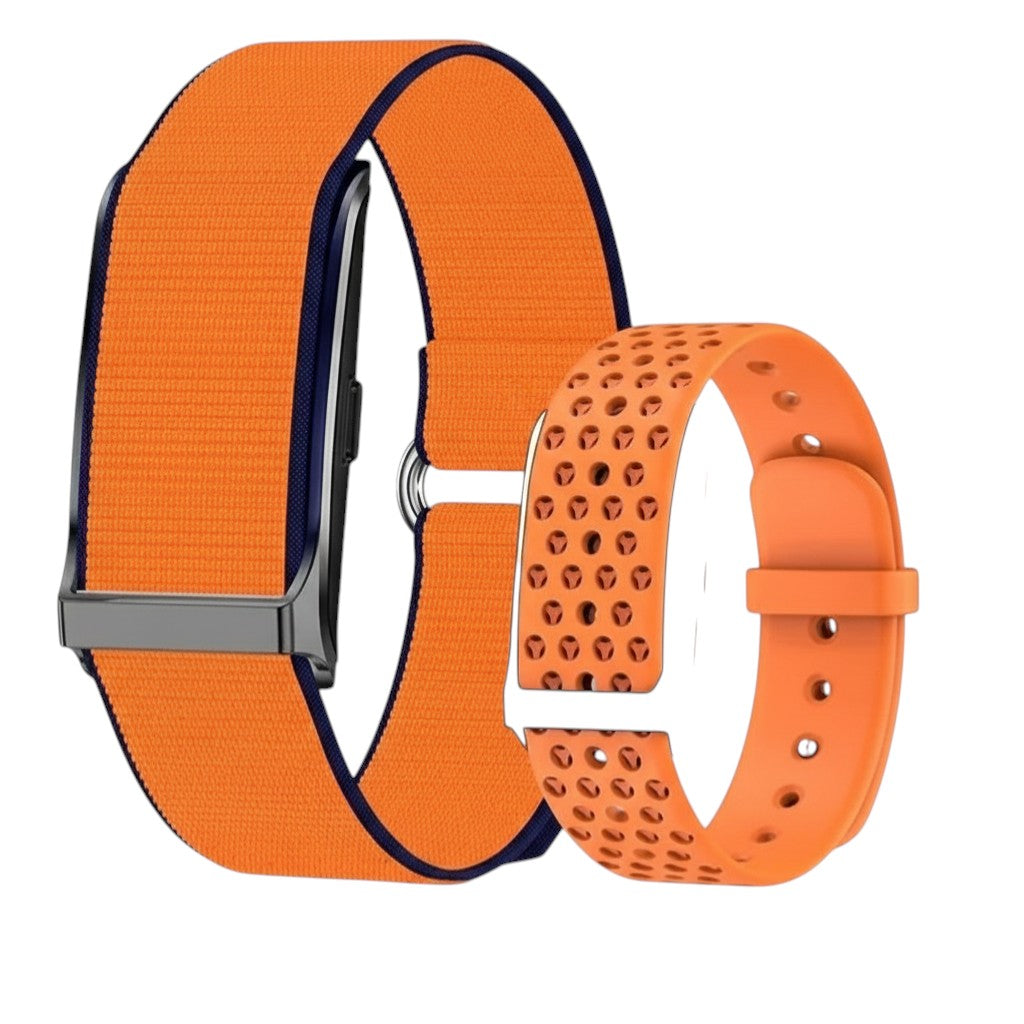 Nova Haus Active Smartwatch with orange nylon and silicone straps. Features 24H health tracking, GPS, and 1ATM waterproof rating.