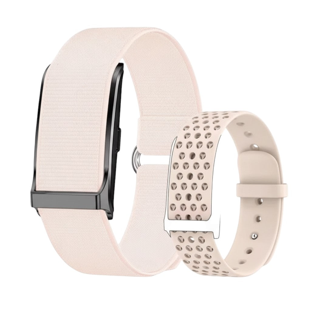 Nova Haus Active Smartwatch with a light pink nylon strap and a beige silicone strap. Features 24H health tracking, GPS, and 1ATM waterproof.