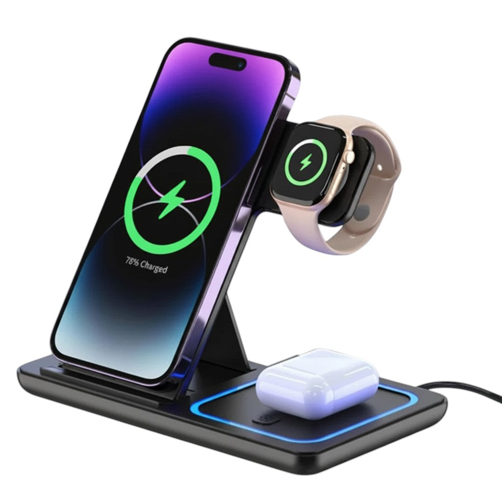 Nova Haus Omni-Charge Fold 3-in-1 wireless charging station for iPhone, Apple Watch, and AirPods. Foldable, black.