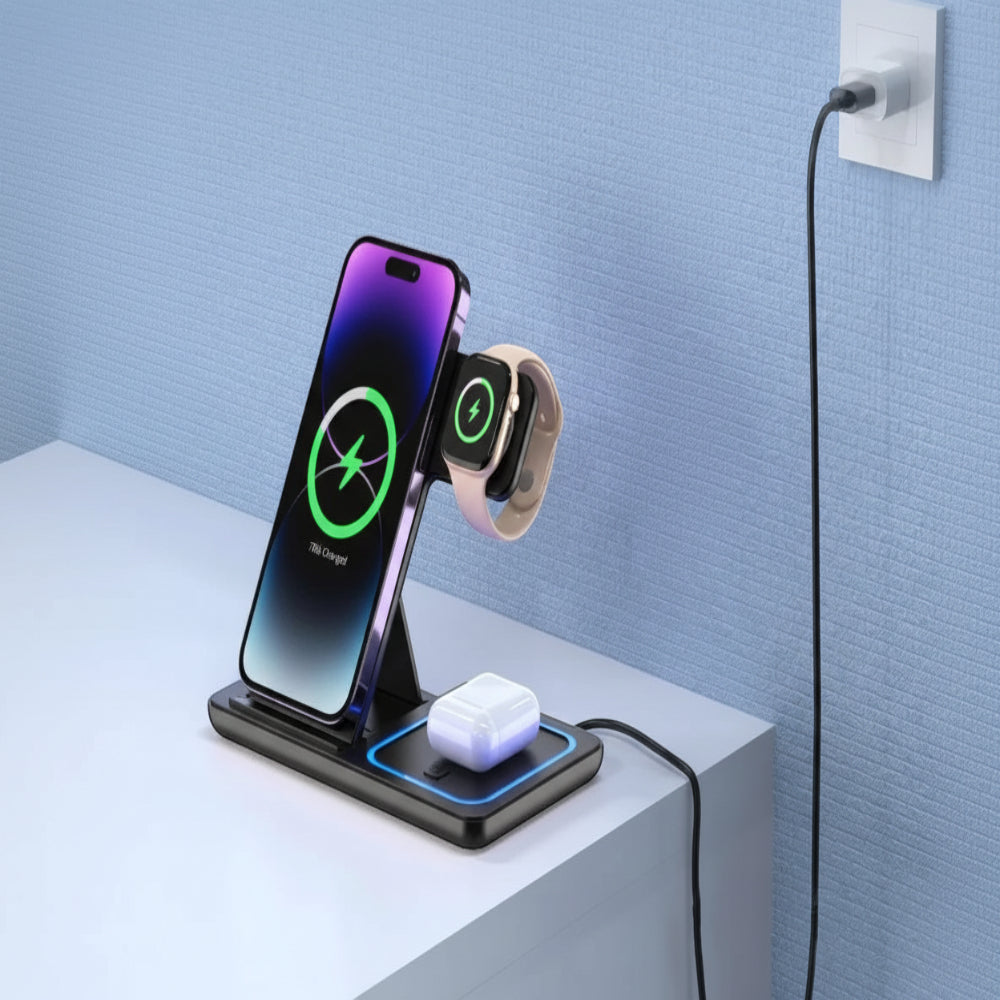 Nova Haus Omni-Charge Fold 3-in-1 wireless charging station for iPhone, Apple Watch, and AirPods. Black.