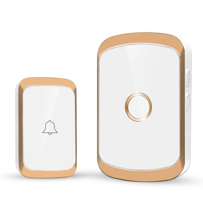 Nova Haus Secure-Ring wireless doorbell set in white with gold trim. Includes a small transmitter button with a bell icon and a larger receiver unit.