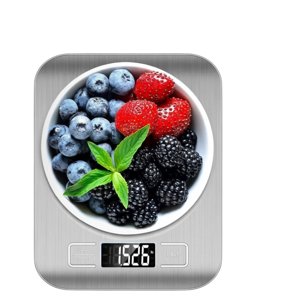 Nova Haus stainless steel kitchen scale with blueberries, strawberries, and blackberries in a bowl. Features high-contrast LED display and tare function.
