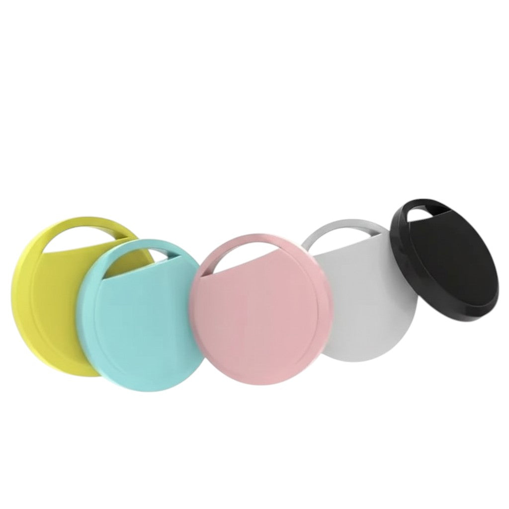 Nova Haus Trace-Tag smart tracker in yellow, blue, pink, grey, and black. Works with Apple Find My and Siri.