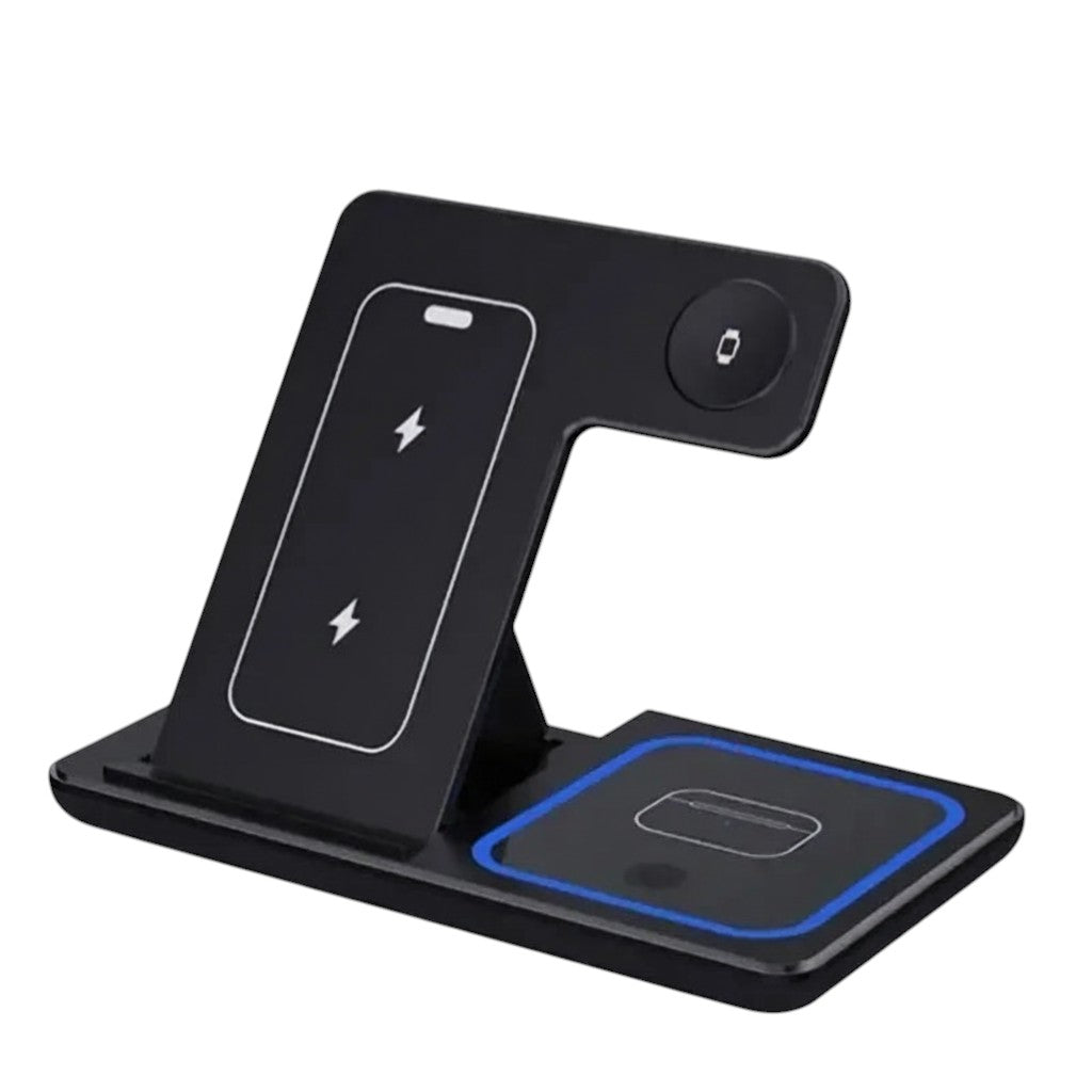 Nova Haus black 3-in-1 foldable wireless charging station for iPhone, Apple Watch, and AirPods.