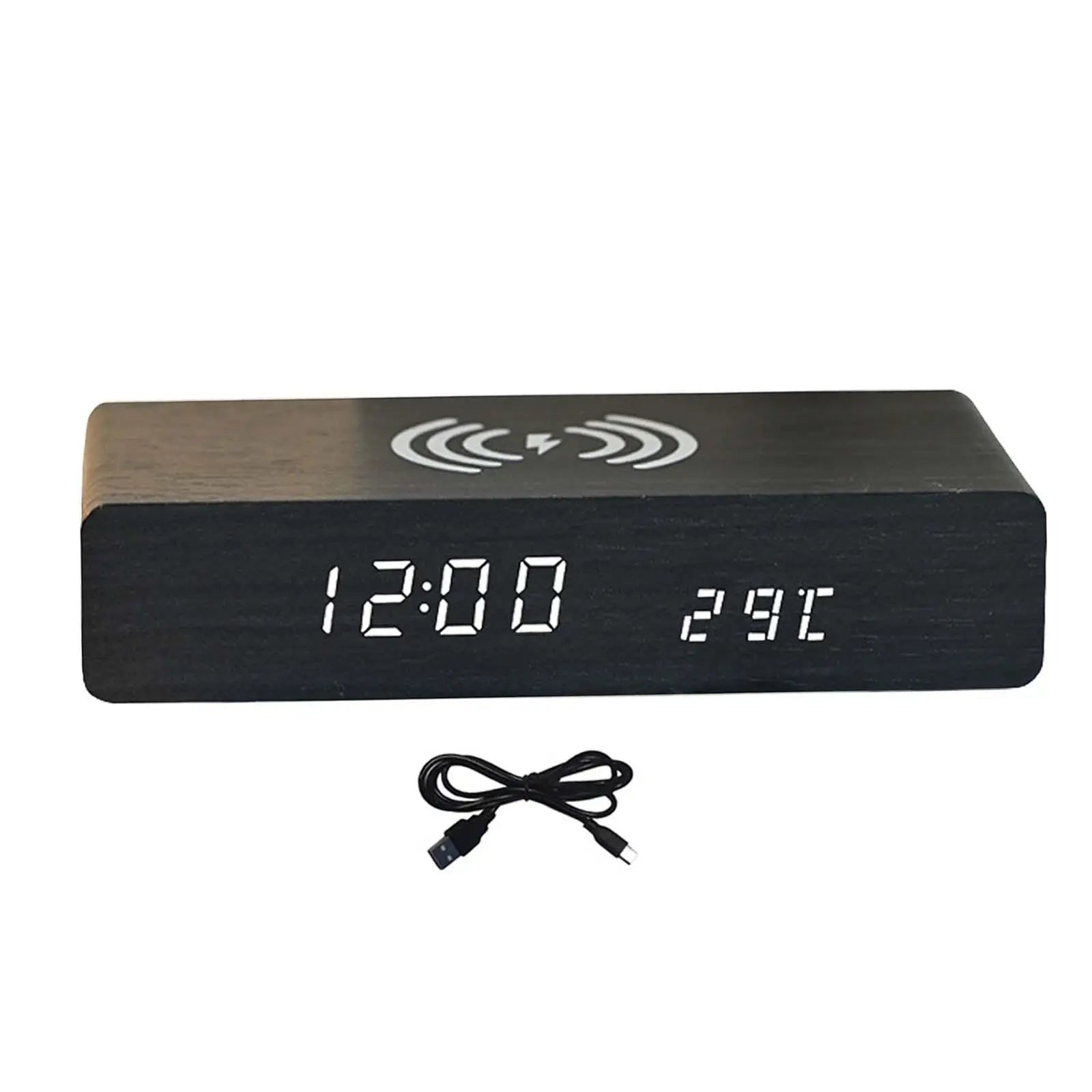 Nova Haus black wood smart clock with wireless charging symbol, displaying 12:00 and 29°C. Includes USB-C cable.