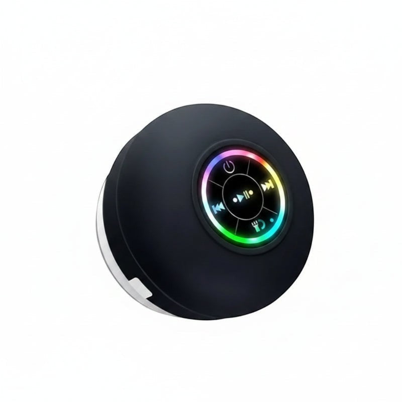 Nova Haus black portable Bluetooth speaker with suction cup, IPX4 waterproof, and colorful LED light ring.