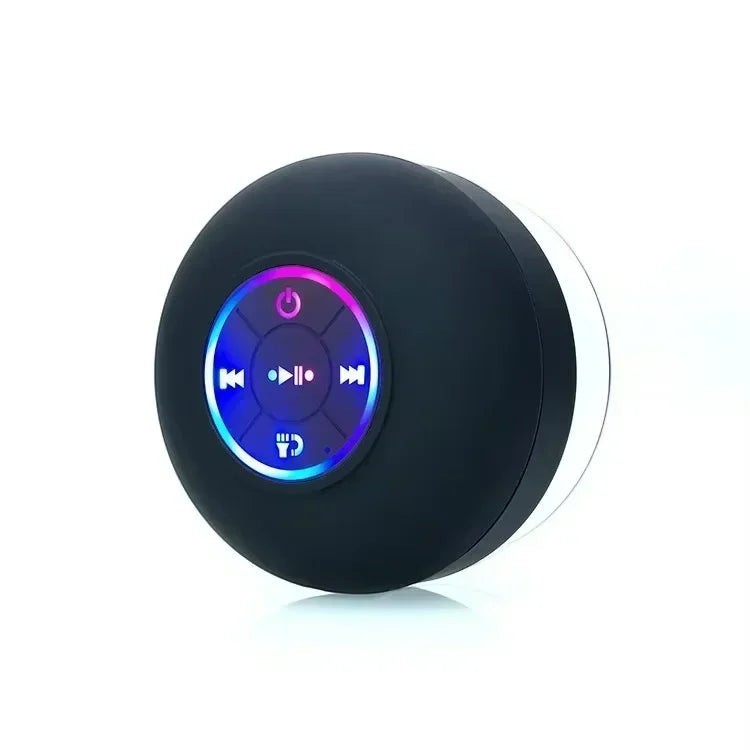 Nova Haus black waterproof Bluetooth speaker with suction cup and LED lighting, ideal for showers or kitchens.