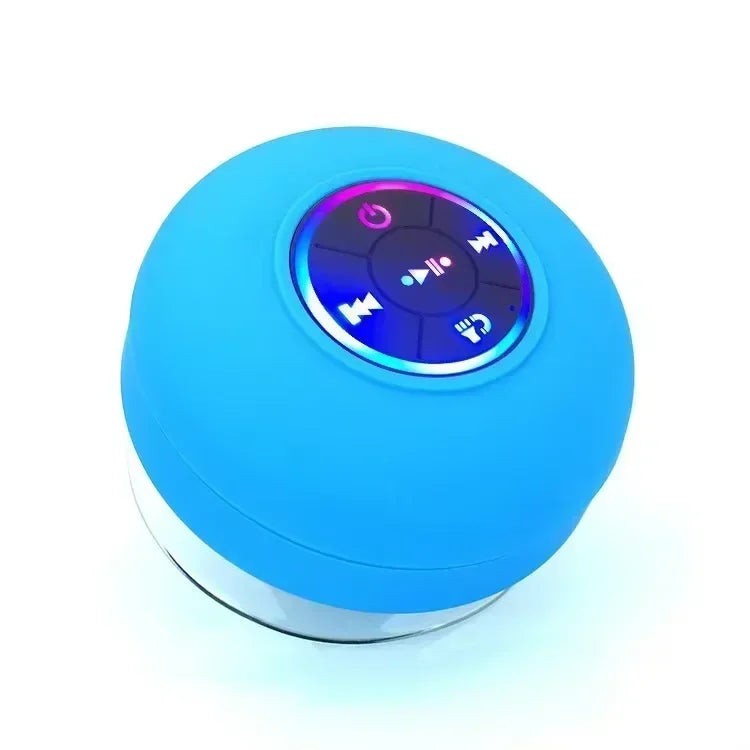 Nova Haus blue waterproof Bluetooth speaker with suction cup base and LED lighting.