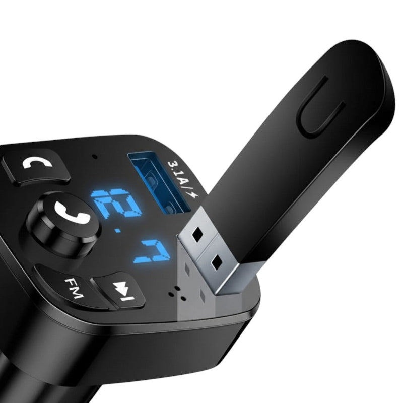 Nova Haus Mag-Drive Omni car kit with Bluetooth, dual USB charging, and LED display showing voltage.