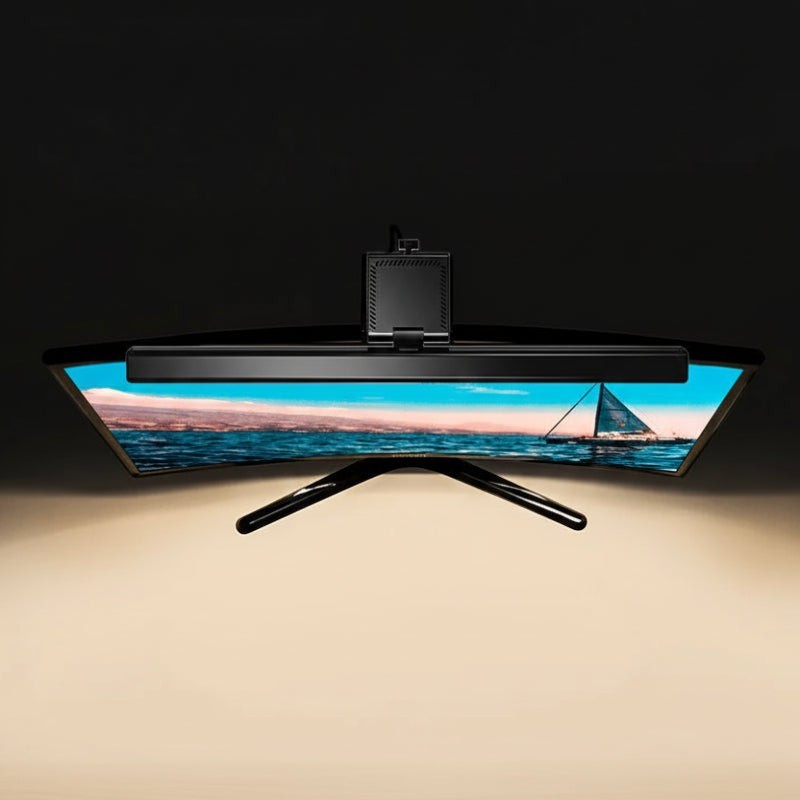 Nova Haus Aura-Beam monitor light bar in black, mounted on a curved monitor, providing glare-free illumination.