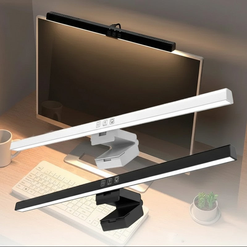 Nova Haus Aura-Beam monitor light bar in black and white, with adjustable brightness and color temperature, clips onto monitor.