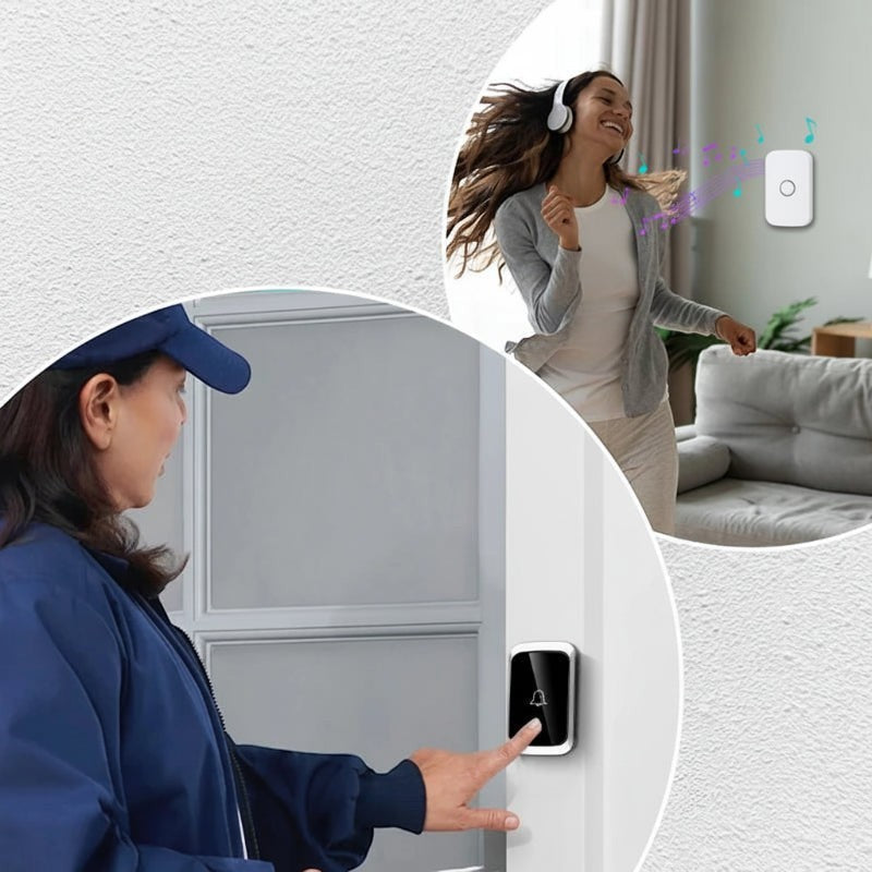 Nova Haus Secure-Ring Wireless Doorbell: Woman presses doorbell outside, while woman inside dances to music. Silver finish.