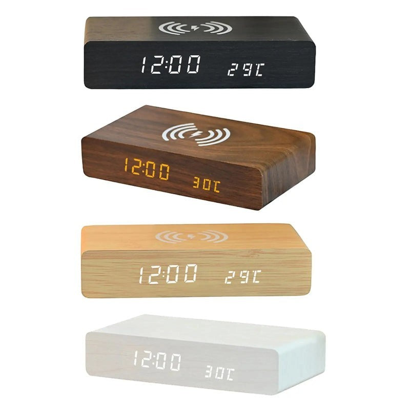 Nova Haus Rise-Charge Smart Clock in black, wood grain, light wood, and white finishes. Features LED display for time, date, and temperature, plus wireless charging.
