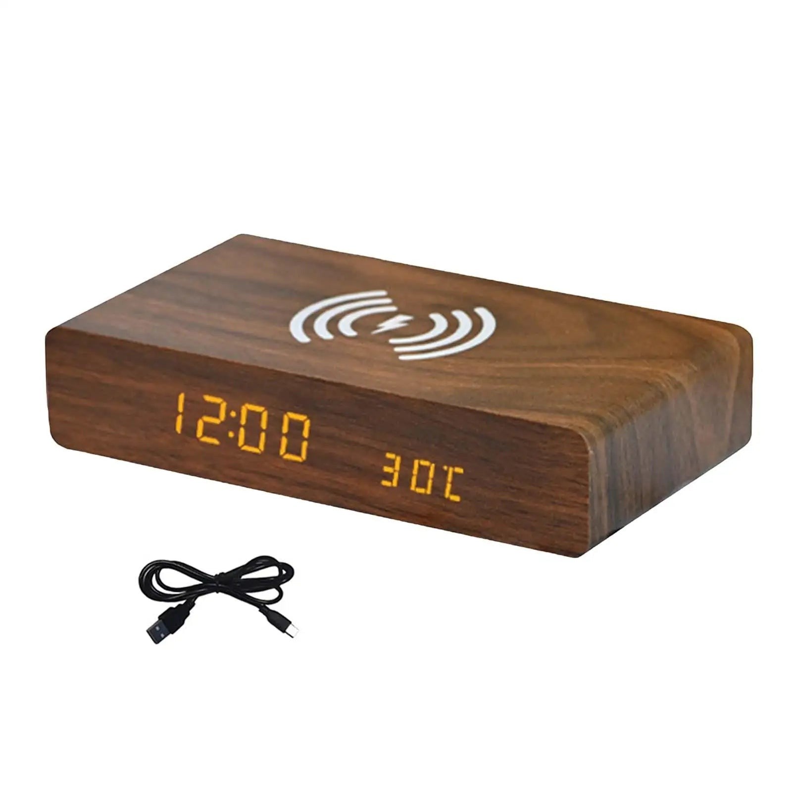 Nova Haus Rise-Charge Smart Clock with wood finish, LED display showing time and temperature, and wireless charging pad. Includes USB-C cable.