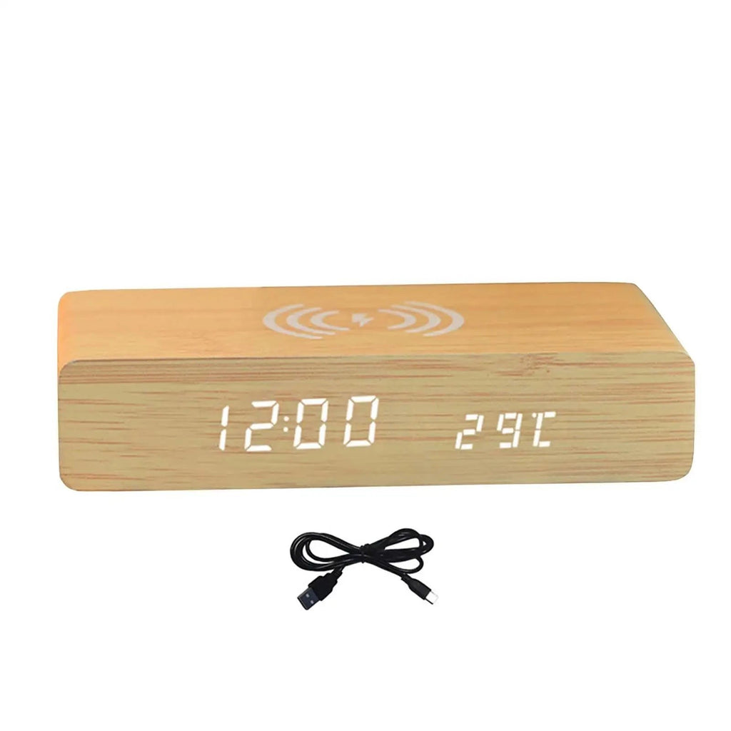 Nova Haus Rise-Charge Smart Clock with wood-effect finish, LED display showing time and temperature, and integrated wireless charging. Includes USB-C cable.