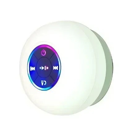 Nova Haus white portable Bluetooth speaker with suction cup, featuring colorful LED lights and control buttons.