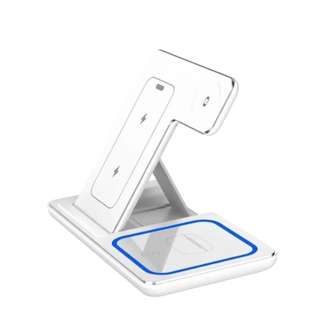Nova Haus white foldable 3-in-1 wireless charging station for iPhone, Apple Watch, and AirPods.