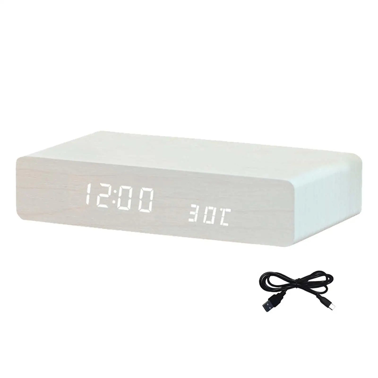 Nova Haus Rise-Charge Smart Clock in white wood finish with LED display showing time and temperature. Includes USB-C cable.