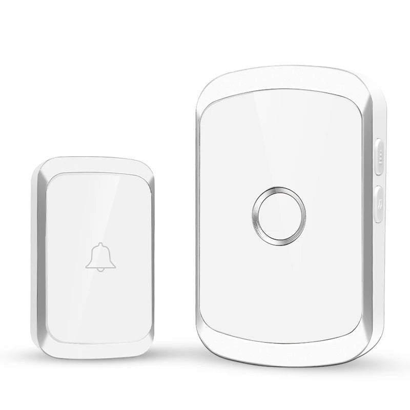 Nova Haus white wireless doorbell transmitter with bell icon and receiver with circular button.