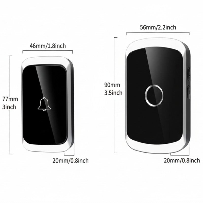 Nova Haus Secure-Ring wireless doorbell transmitter and receiver, black with silver trim, showing dimensions.