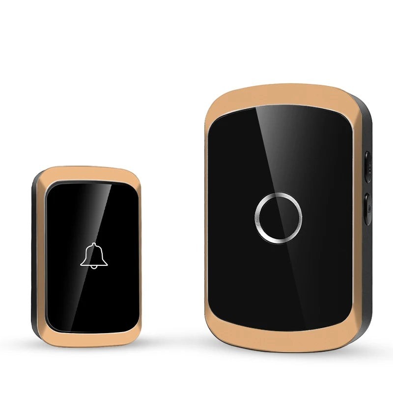 Nova Haus Secure-Ring wireless doorbell set in gold and black, featuring a bell icon on the transmitter and a circular button on the receiver.